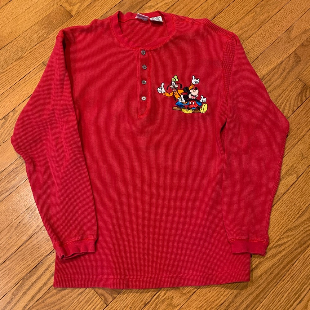 Vintage 90s Disney Goofy and Micky Mouse Red Long Sleeve Shirt